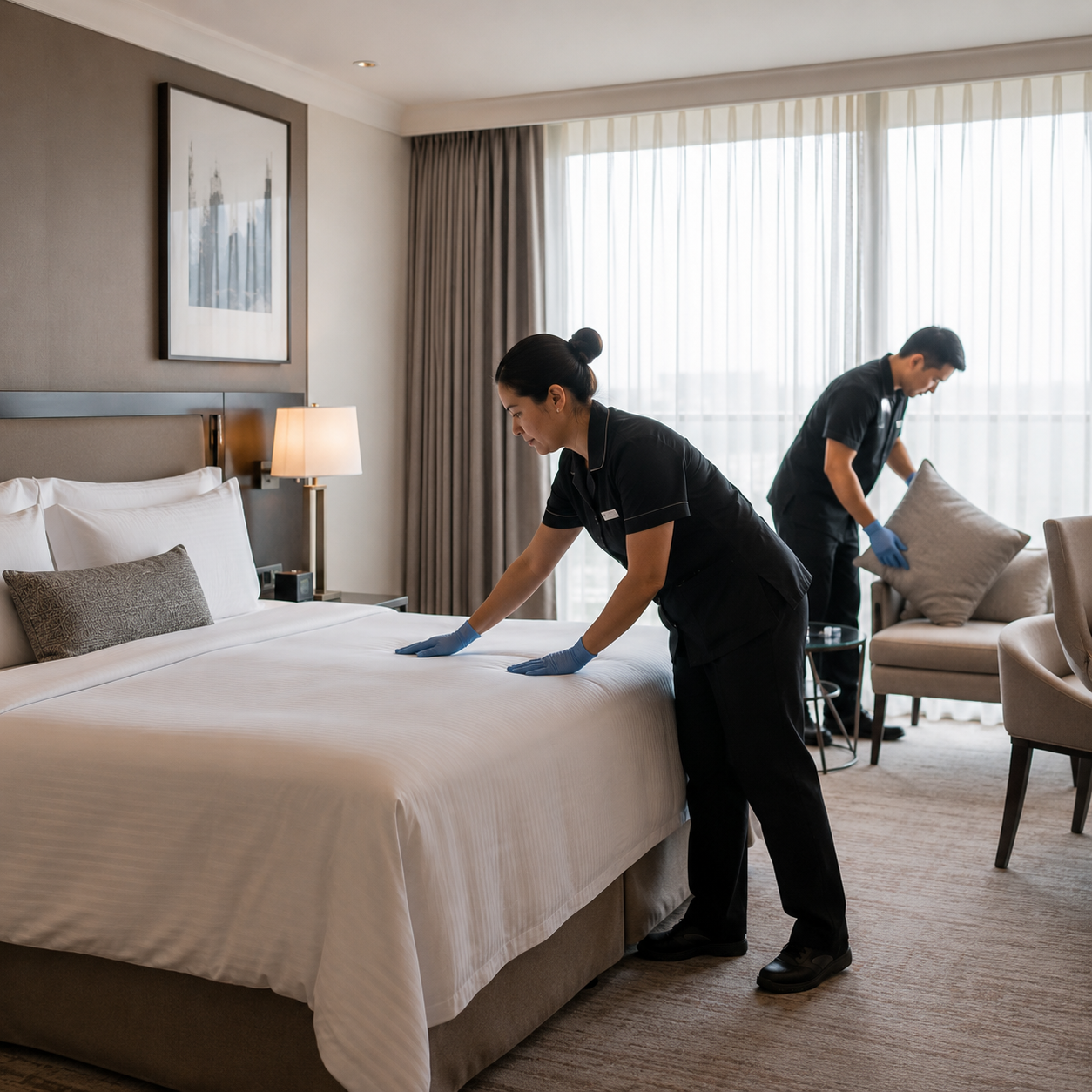Hotelfachkraft bei der professionellen Zimmerreinigung – Pektoprop Reinigungsservice Schweiz