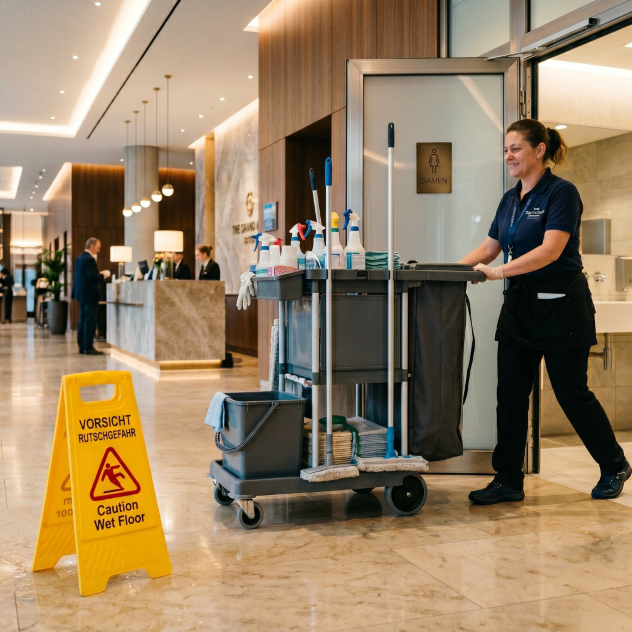 Reinigungsfachkraft reinigt öffentlichen Hotelbereich – Pektoprop Hotel Services Deutschschweiz